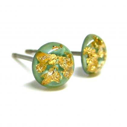Minty Green Gold Flake Stud Earrings, Tiny Stud..