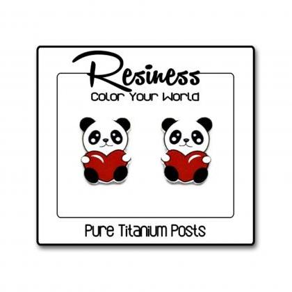 Valentine Panda Stud Earrings, Pure Titanium Stud..
