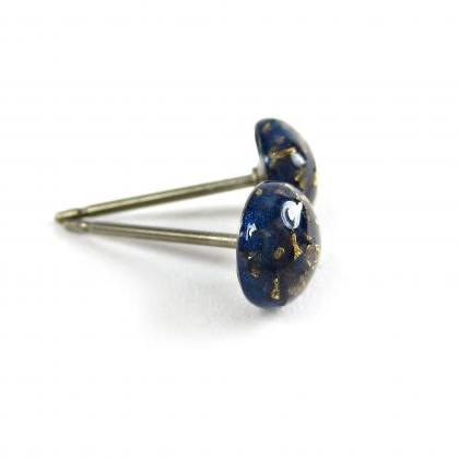 Darkstar Blue Gold Flake Stud Earrings, Tiny Stud..