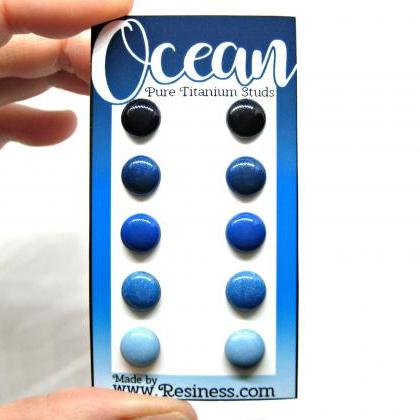 Ocean Stud Earring Set, 5 Pair Set, Blue/black..