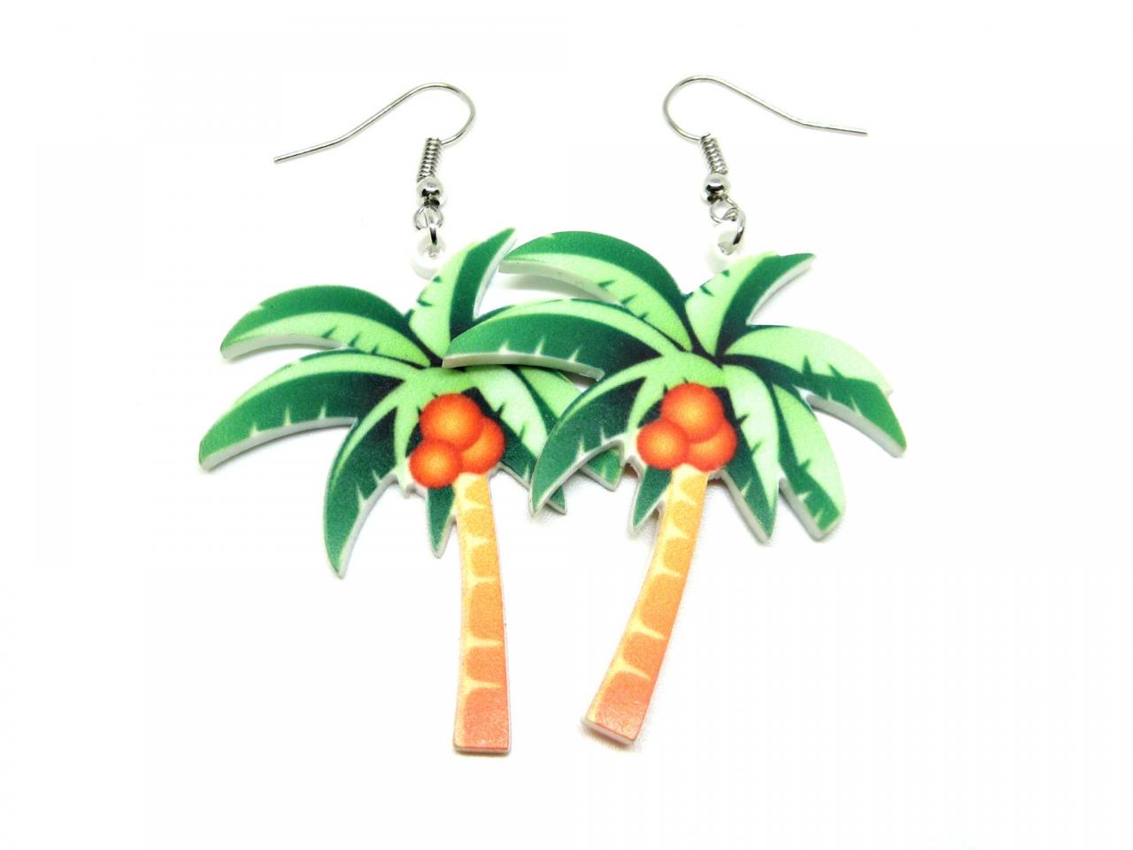 Palm Tree Dangle Earrings, Large Tropical Summer Statement Earrings, Hypoallergenic, Titanium Dangle Earrings, Big, Bold And Bright