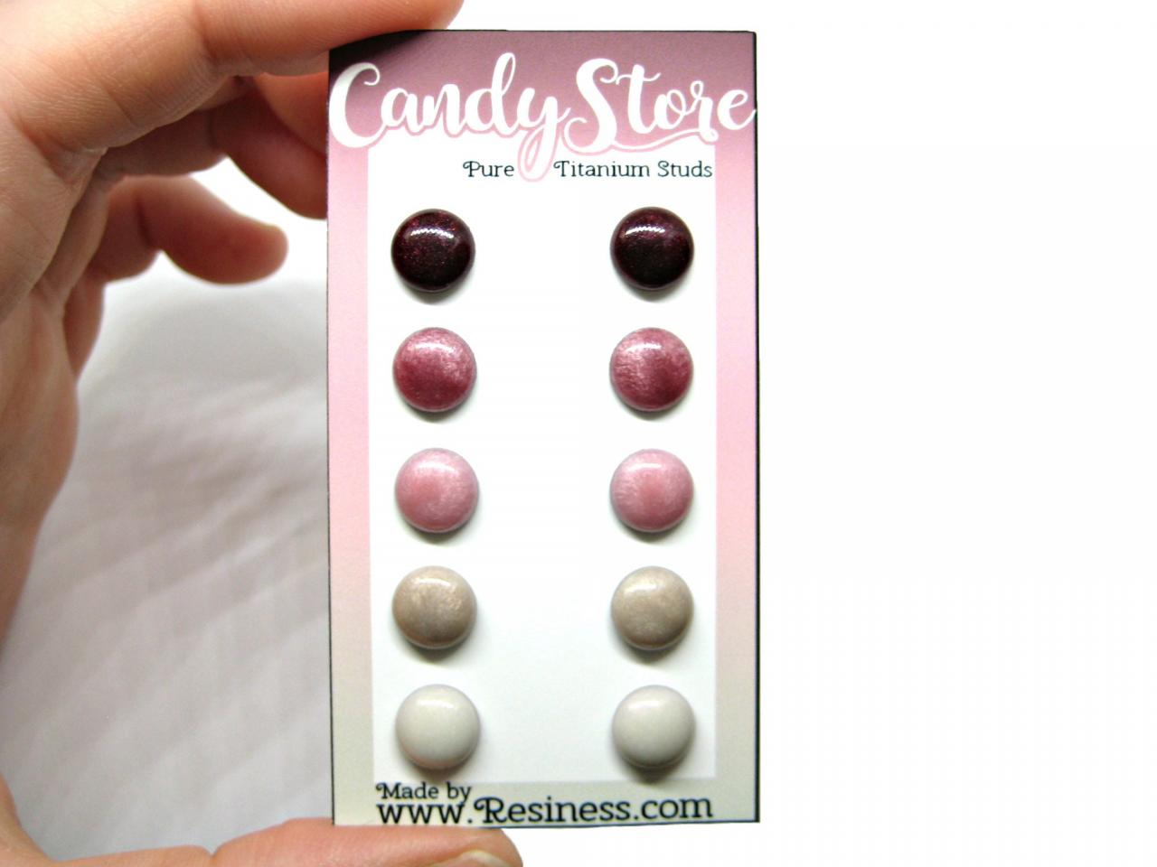 Candy Store Stud Earring Set, 5 Pair Set, Pink/white Stud Set, Hypoallergenic Posts, Titanium Earrings, Tiny Stud Earrings, Cute Gift Idea