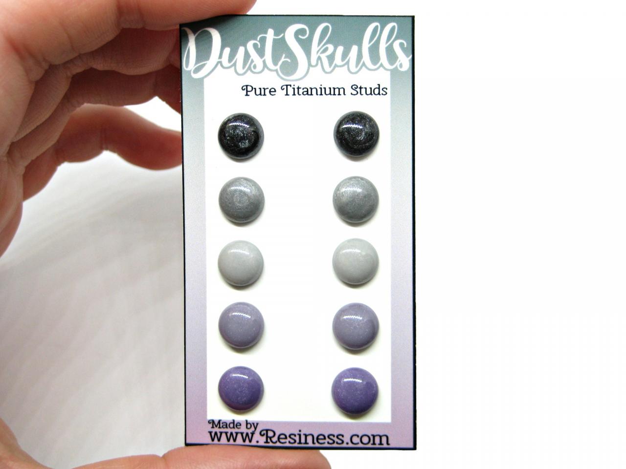 Dust Skulls Stud Earring Set, 5 Pair Set, Gray/purple Stud Set, Hypoallergenic Posts, Pure Titanium Studs, Tiny Stud Earrings, Gift Idea