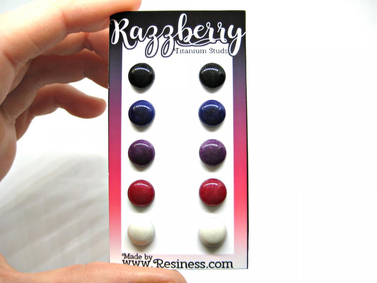 Razzberry Stud Earring Set, 5 Pair Set, Purple/black/white Stud Set, Hypoallergenic Posts, Pure Titanium Studs, Unique Gift Idea, Canadian