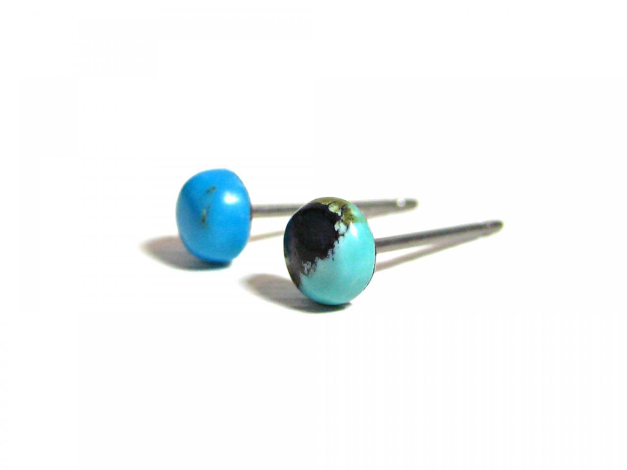 Tiny Genuine Turquoise Gemstone Stud Earrings, Mismatched Earrings, Hypoallergenic Pure Titanium Earrings, Homemade Earrings