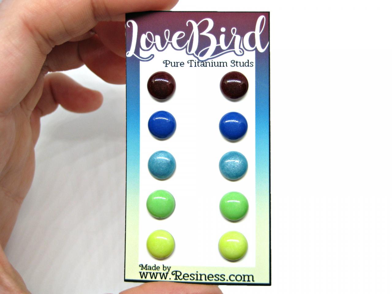 Love Bird Stud Earring Set, 5 Pair Set, Purple/blue/green Stud Set, Hypoallergenic Posts, Titanium Earrings, Tiny Stud Earrings, Gift Idea