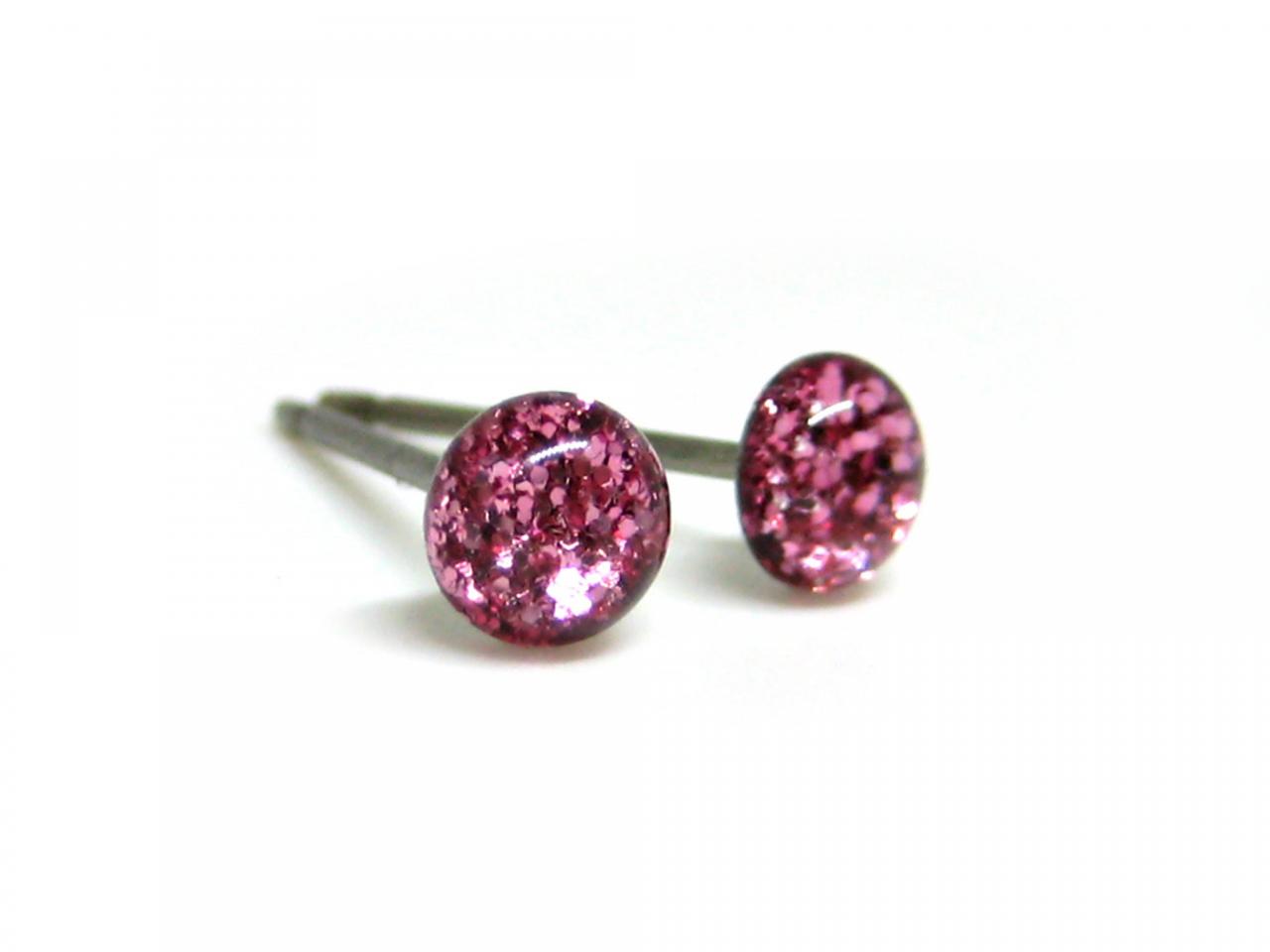 Pink Kisses Glitter Stud Earrings, Pure Titanium Studs, Tiny Stud Earrings, Hypoallergenic Posts, Canadian Shop, Handmade Gift Idea