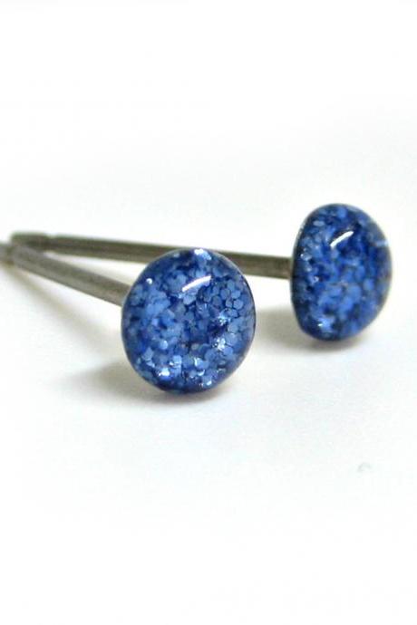 Blue Spun Sugar Glitter Stud Earrings, Pure Titanium Earrings, Tiny Stud Earrings, Hypoallergenic Posts, Canadian Shop, Handmade Gift Idea