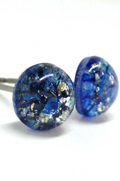 Sea Blue Opal Glass Stud Earrings - 7mm, Tiny Opal Studs, Pure Titanium Posts, Nickel Free Earrings, Blue Studs, Gift Idea, Free Shipping