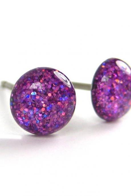  Lynx Lavender Purple Glitter Stud Earrings, Tiny Stud Earrings, Hypoallergenic Posts, Pure Titanium Studs, Holographic Earrings, Handmade