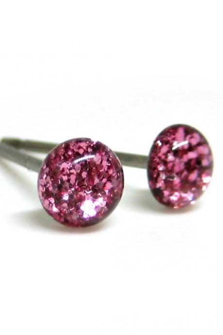  Pink Kisses Glitter Stud Earrings, Pure Titanium Studs, Tiny Stud Earrings, Hypoallergenic Posts, Canadian Shop, Handmade Gift Idea